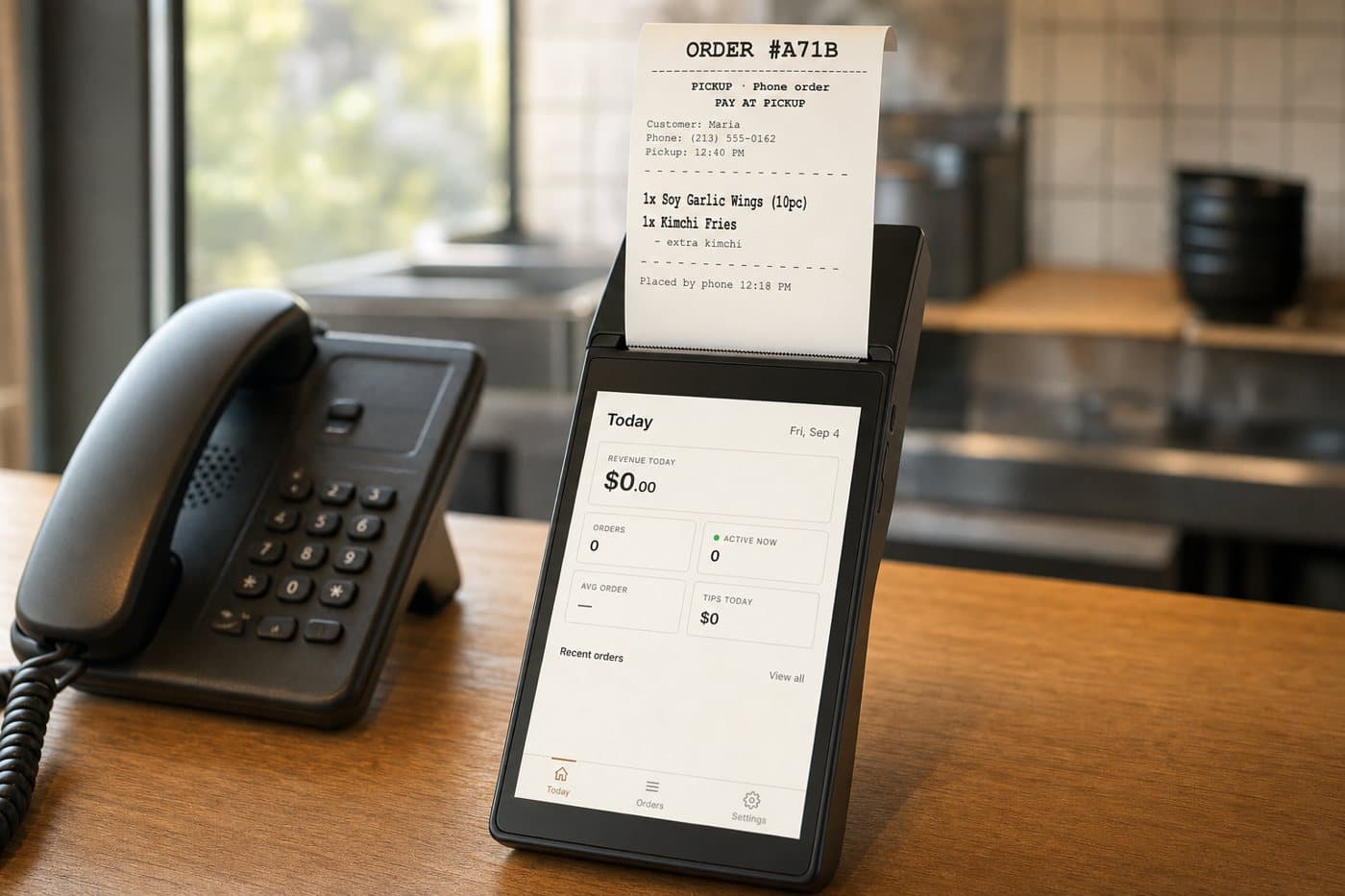 a phone order printing on the handheld beside the restaurant phone