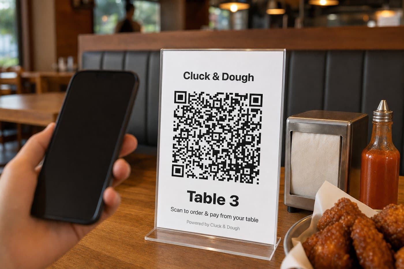 the table tent with the QR, on a restaurant table
